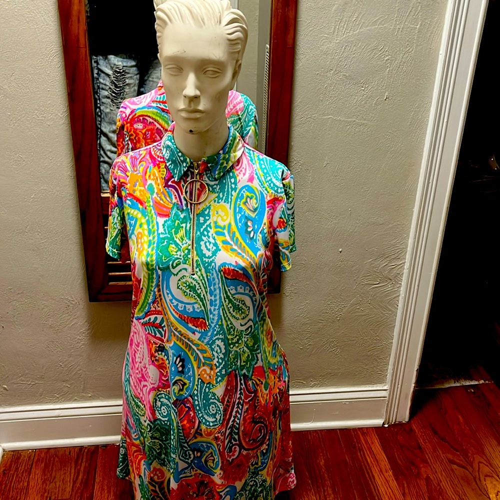 Ivy Road resort dress in large, collar with gold zipper.